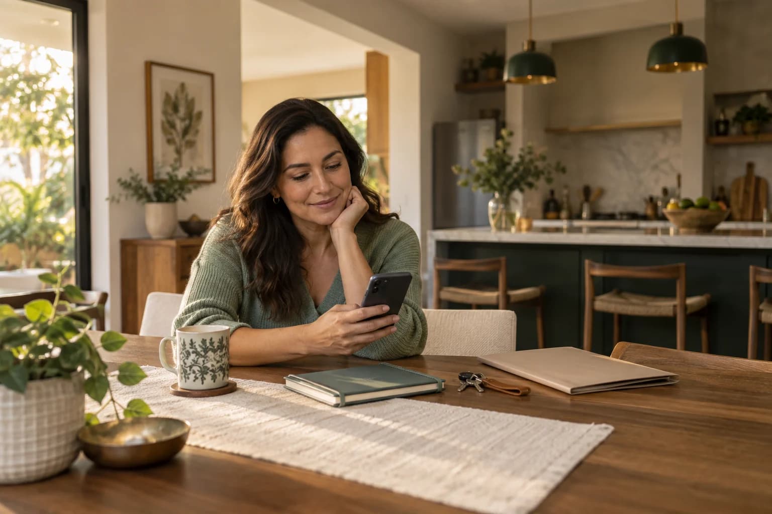 Mujer consultando su celular con calma en una cocina cálida y ordenada