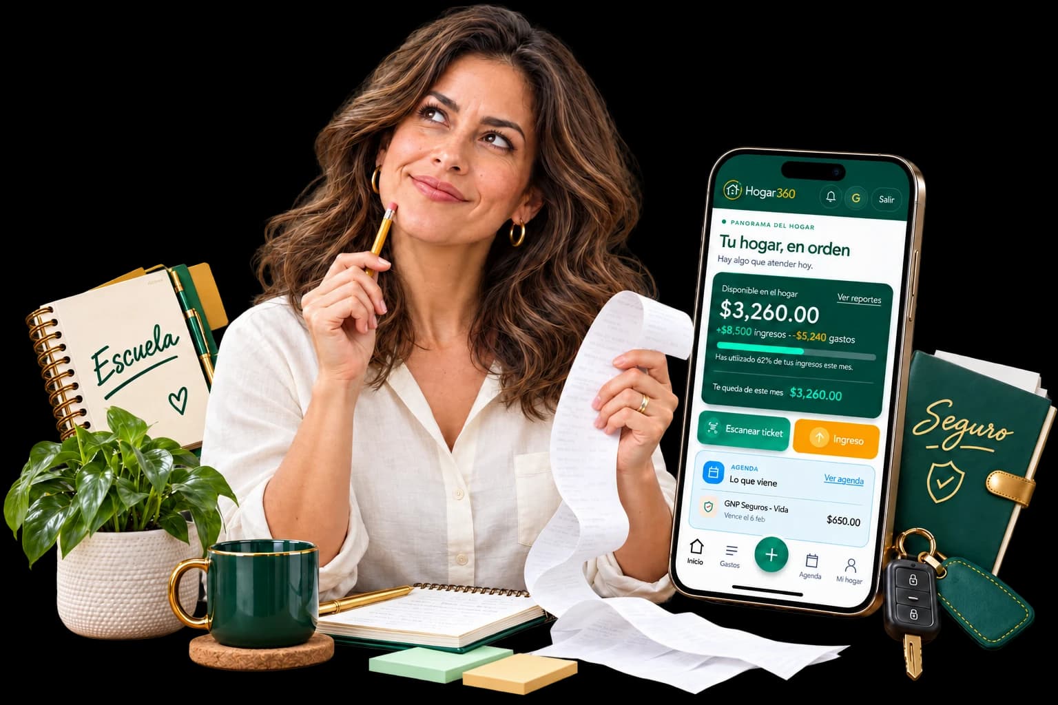 Una mujer con recibos y pendientes junto a un teléfono que muestra Hogar360 con cifras ilustrativas.