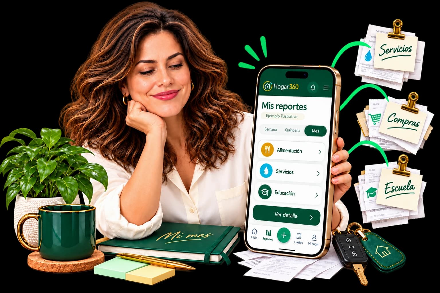Una mujer junto a un teléfono con una propuesta ilustrativa de reportes de Hogar360.