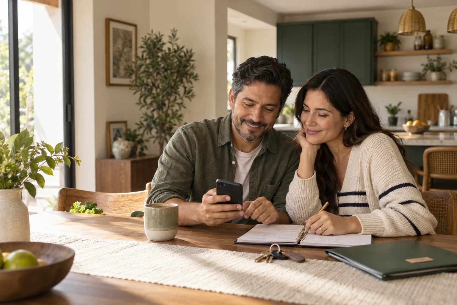Pareja organizando su hogar desde el celular en una cocina luminosa