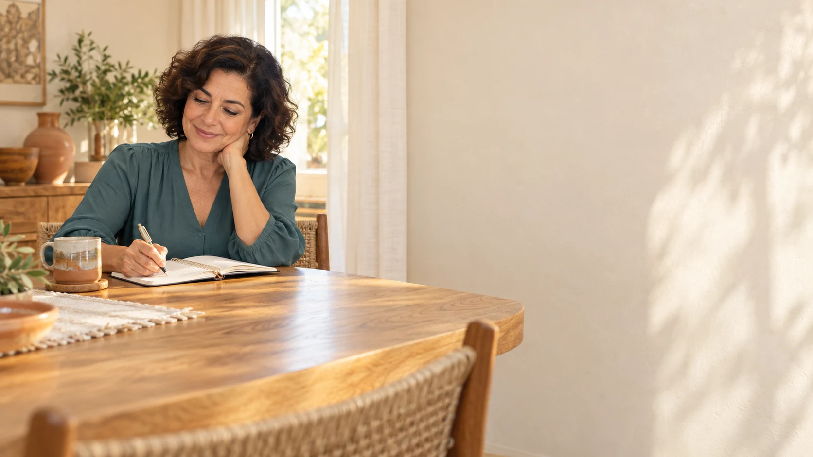Una mujer revisa con tranquilidad sus cuentas en la mesa de su casa.